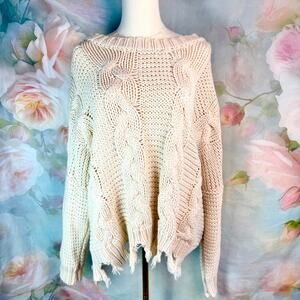 HYFVE Cream Cable Knit Wide Neck Oversized Distressed Bottom Pullover Sweater